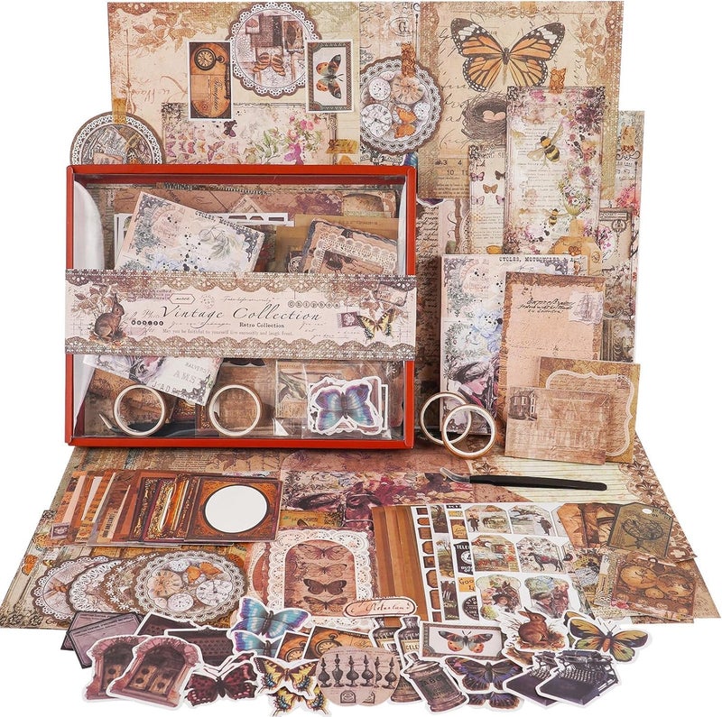 Funto Scrapbooking Kit (202 PCS), Vintage Collection-Wisteria & Butterfly, Perfect for Bullet Scrapbooking Materials, Planner DIY Arts Craft Collage - Image 1